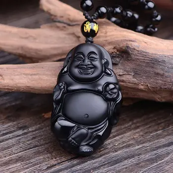 Naravni Črni Obsidian Maitreja Smeh Buda Ogrlica Kitajski Slog Obesek z nastavljivo verige