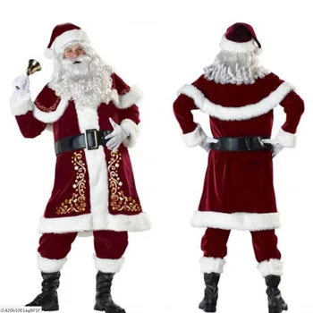 Božič Božiček Obleko Odraslih Božič Cosplay Kostum Rdeče Deluxe Žamet Fancy 8pcs Nastavite Xmas Party Man Kostum S-XXL
