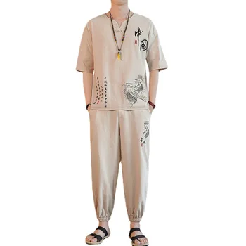 Kitajski slog bombaž in lan kratek rokav obleka za moške vezene tang bo ustrezala Wushu Kung fu Oblačila dveh kosov set g95