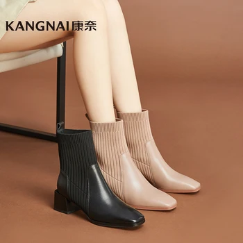 Kangnai Ženske Nogavice, Čevlji Pravega Usnja Gleženj Škornji Kvadratni Toe Visokih Petah Zip Mode Dame Čevlji