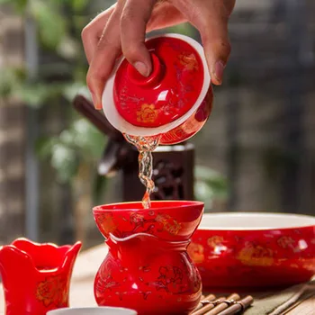80ML Kitajski Rdeča Poroko Čajnik Keramike Gaiwan Čaj, Kitajska Kungfu Čaj Določa Skodelice Krožnik iz Porcelana Lepa grelnik vode Gai wan