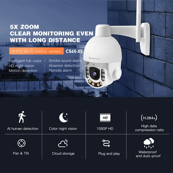 Vstarcam CS65-X5 3MP 1296P 5X Zoom, Full Color PTZ IP Dome Kamera Dima Alarm AI Humanoid Odsoten Jok Odkrivanje CCTV Monitor