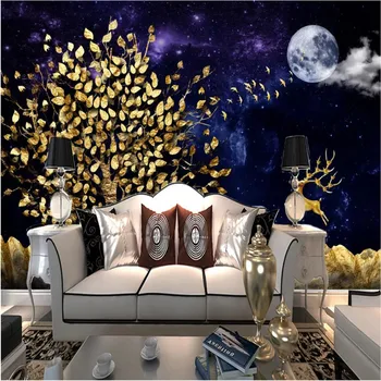 Fantasy 3d tri-dimenzionalni gold leaf gozd elk spalnica dekoracijo ozadje zvezdnato nebo dnevna soba ozadju zidana ozadje