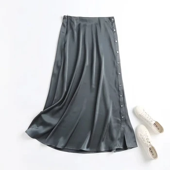 Maxdutti Faldas Mujer Moda 2021 Angliji Modni Stil Saten Midi Krilo Ženske Seksi Strani Gumbi Visoko Pasu Dolge Krila, Ženska