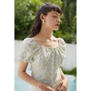 ZIQIAO Japonski ženska Majica Urad Ženske Cvetlični Puff Sleeve Majica Ženske Poletje 2021 Nova Zasnova Nišo Retro francoski Bluze