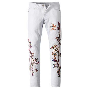 Nove Moške moški bela ptica vezenje denim jeans hlače Modni vezene slim fit straight traper hlače hlače