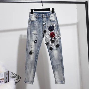 Jeans Kompleti za Ženske Dva Kosa iz Pomladi Jeseni Nove Stereo Cvet Waistcoat Denim Telovnik Obleko Hlače Pantsuit Moda Obleke
