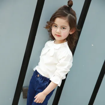 Pomladni Girl Fashion Majica otroška Oblačila korejski Beli Lok Vrhovi Tees Srčkan Otroci Dekleta 2 3 4 5 6 7 8 Bluzo Majica