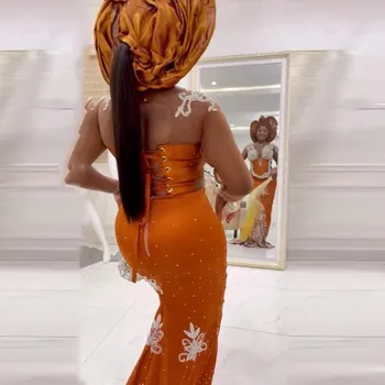 Aso Ebi Večerno Obleko Oranžna morska deklica Beading Stranke Obleke po Meri Narejene vestido de fiesta Korzet Čipke Afriške Maturantski Oblek