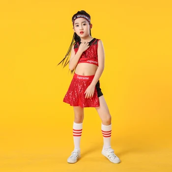 Otrok Fazi Dancewear Otrok Hip-Hop Rdeče Hip Hop Jazz Ples Kostum Obleko Paillette Moderno Obleko Dekle Cheerleading Oblačila