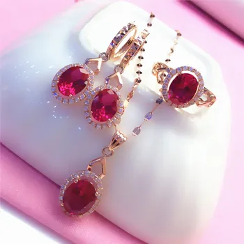585 Vijolična Zlata občutljivo ruby nakit set uhani za ženske 14k zlato je povečal klasično eleganten sladko udejstvovanje obroči ogrlice
