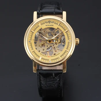Luksuzni Unisex ZMAGOVALEC Poslovnih Reloj Zlato Bleščanje Okostje Diamanta Zlitine Primeru Usnje Montre Mehanske Samodejni Watch