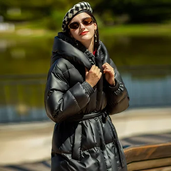 Ženske Parkas Prostor Bombaž Debel, Dolg Plašč Sustans Zimskih X-Dolgi Suknji Nastavljiv Pas Black Toplo Outwear DZ1502
