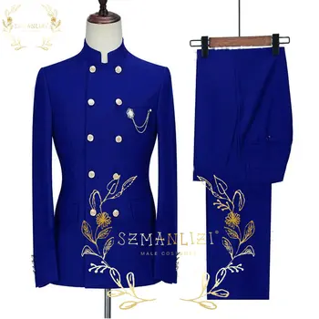 SZMANLIZI Obleke Za Moške Ženina Tuxedos Indijski Poroka Obrabe Stojalo Ovratnik Moške Mornarsko Modro Obleko, Slim Fit, Poročne Barve (Suknjič+Hlače)