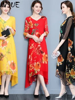 Svila 2023 Poletje Obleko Cvetlični oblačila, Obleko Eleganten Casual Obleke za Ženske Midi Pomlad V Vratu Vestidos Pph115