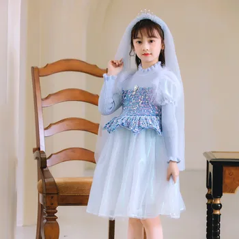 Malo Dekleta Bleščica Pulover Obleko z Dolgimi Rokavi Pomlad Zimske Obleke Otroci Modra Princesa Obleko gor, Obleke Otrok Til Pero