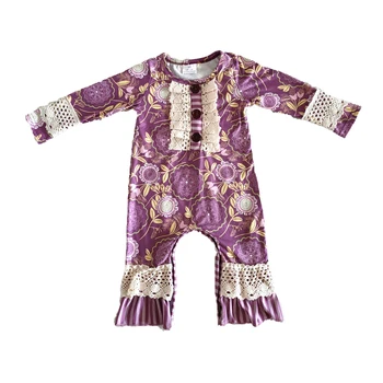 Otrok boutique mehkega materiala oblačila dekle, z dolgimi rokavi jumpsuit baby dekleta vijolično romper z čipke design