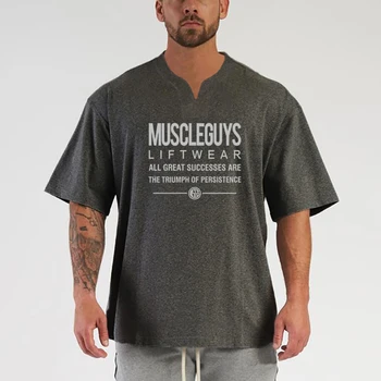 Prevelike Fitnes Kratek Rokav T shirt Mens Bombaž Proti-vrat Telovadnici Teče Oblačila Bodybuilding Šport Ulične Hip Hop Tshirt