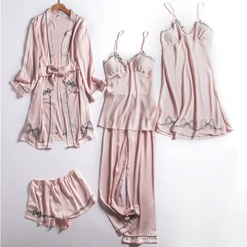 Poletje Jesen Novo 5 Kos Set Ženske Pyjama Saten Visoke Kakovosti Vezenje Seksi Sleepwear v Prsih Pad Pižamo Nastavite Homewear