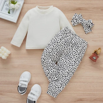 Malčka Baby Dekle Pleteno Obleko z Dolgimi Rokavi Pulover Barva Puloverju Leopard Tiskanja Hlače Glavo 3Pcs Določa