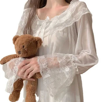 2021 Korejski Poletje Dolg Rokav Nightgowns Bele Čipke Ženske Trdno Spanje Obleko Priložnostne Svoboden Gleženj-Dolžina Dom Plus Velikost Oblačila
