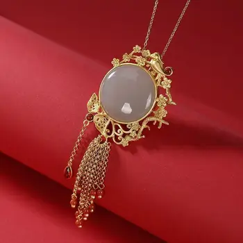 Original novo novo starodavne zlato izdelave vdelan krog Hetian jade tassel ogrlico, obesek, eleganten modni nakit