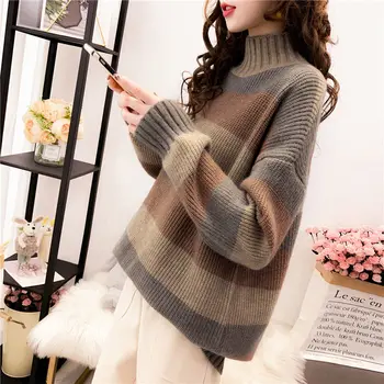 Plus žamet oblazinjeni semi-turtleneck pulover ženske 2021 jesen in zimo, korejski nov trak svoboden srednje dolžine pulover krilo