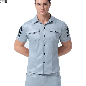 Plus Velikost Moških Undershirts Gay Umetno Usnje Pocket Majica Tesen Kratka sleeved Moker Videz Spodnja Enotno Plesni Klub Nositi Kostum