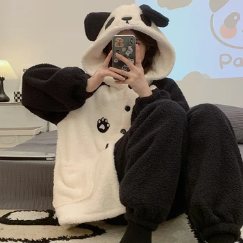 Pozimi Pižamo Nastavite Ženske Zgostitev Pižame Sleepwear korejski Femme Plišastih Mehko Pijamas bo Ustrezala Cartroon Panda pulover s kapuco za Prosti čas obrabe