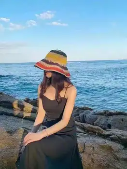 Poletni Klobuki Za Ženske Bohemian Slame Sun Pokrivalo Ženske Prugasta Big Robna Zložljive Sunhat Počitnice Na Plaži Ob Morju Potovanja