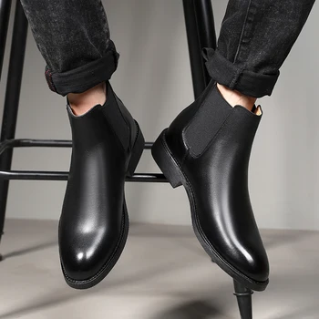 Velikosti moških priložnostne poslovnih poroko formalnih obleke kavbojski škornji črni pravega usnja čevlji gospod chelsea botas zapatos