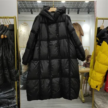 FMFSSOM Pozimi 90% Bela Raca Navzdol Kariran Jakna Ženske Dolgo Hooded Coats Lady Toplo Mehko korejski Slog Priložnostne Sneg Outwear