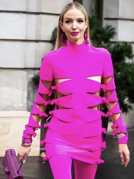 Visoko Kakovostne Ženske Hot Pink Napetosti Nositi Dolgo Rokav Turtleneck Elastični Povoj Celebrity Obleko Večer Klub Stranka Nightwears