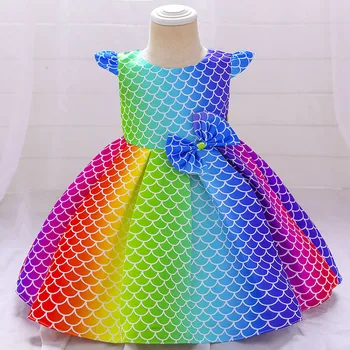 Baby Dekleta Ist Rojstni dan Obleko za Dekle Rainbow Barva za Tiskanje Ribe Lestvice z Velikim Lokom Princesa Malčka Otroci Božično zabavo Tutu