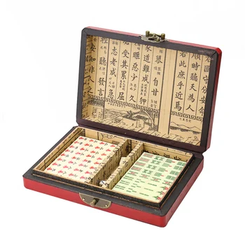 Prenosni Potovanja 144 Ploščic Mahjong Zložljive Lesene Box Set Kitajska Igrača Party Casino Zabava Igre