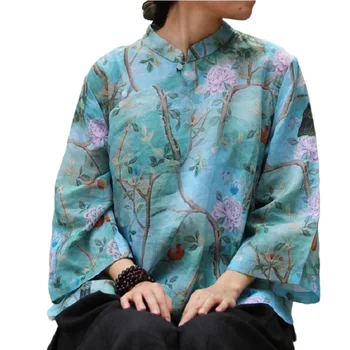Pomlad Poletje Pav Slika Čista Ramije Kitajski Sponke Bluzo Majica T-Shirt Vrhu Ženska Majica