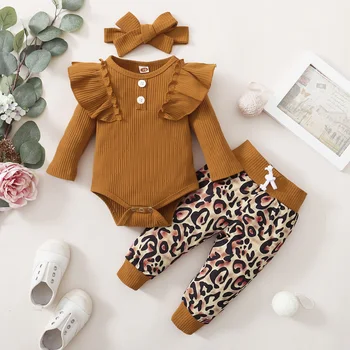 3Pcs Novorojenčka Dekle Oblačila Ruffle Gumb Romper + Cvjetnim Tiskanja Hlače Baby Girl Obleke Komplet za Malčke Otroci Oblačila Padec Otroške Obleke