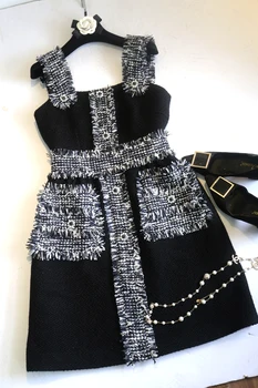 Black Nov Padec pozimi Diamond gumb majhna dišava tweed trak obleko brezrokavnik obleka
