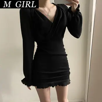 M DEKLETA 2022 Vestidos De Mujer Seksi Proti-vrat Visoko Pasu Slim Obleke Temperament korejski Haljo Gube Ruffles Bodycon Mini Obleka