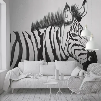 Po meri Zidana Retro Ročno Pobarvan Črno Belo Zebra Živali Doma Dekor 3D Photo Steno Papir Spalnica Dekor Self Lepilo Ozadje