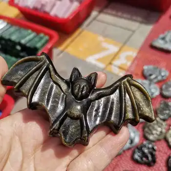 Halloween Bat Vklesan Naravnih Zlato obsidian Bat Kip Figur