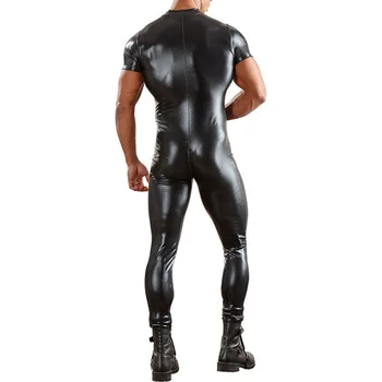 Plus Velikost Moškega Jumpsuit Suh Umetno Usnje Črna Stretch PVC Seksi Bodycon Odprite Mednožje Zadrgo Kratkimi Rokavi Moški iz Lateksa Jumpsuit