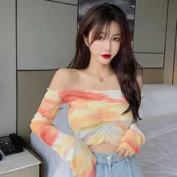 Poševnica Vratu Seksi Tie Dye Dolg Rokav T-majice Ženske Modni korejski Slog Prosti čas na Plaži Prijetno Ins Ponudbe Mujer Crop Tops