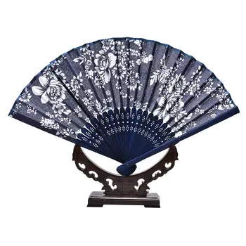 Kitajski Slog Modra Tkanina Ročno Fan Cool Klasične Cvet Design Z Obarvane Modro Bambusa Okvir Svate Korist Dekor