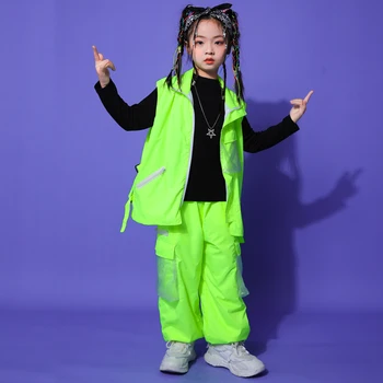 Fluorescentno Zeleno Hip Hop Kostum Telovnik Hlače Za Dekleta Fantje Ulične Koncert Fazi Oblačila Jazz Uspešnosti Obleke BL9481