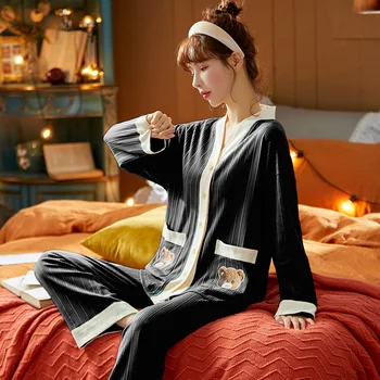 Pleteno Bombažno Pajams za žensko Jopico V-izrez Kimono Žensk Pajama Nastavite Dolg Rokav Homewear Sleepwear pyjama pour femme