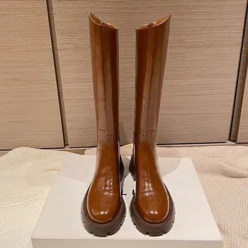 Aucegi 2023 Ins ZA Carving Kakovosti Usnja Kolena Visoki Škornji Ženske Platformo Debele Pete Pomlad Jesen Krog Toe Ročno izdelani Čevlji