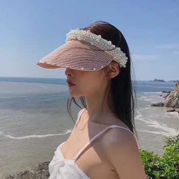 Votlo Klobuk Žensk Poletje Ročno izdelane Pearl Nedelja Klobuk korejski Modni Veliki Rob Plaže, Sonce Klobuk Poletje