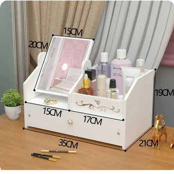 Vrtenje Lesene Srčkan Make-up Ogledalo, DIY Namestitev Montaža Desk Jutranje Ženske Prenosni Velike Kozmetične Škatla za Shranjevanje Rok