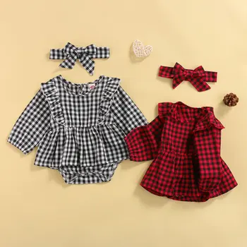 Baby Dekleta Dva kosa Oblačila, ki, Kariran Natisnjeni Vzorec Dolg Rokav Romper in Headdress, Črno/ Rdeče 2021 Nova Moda